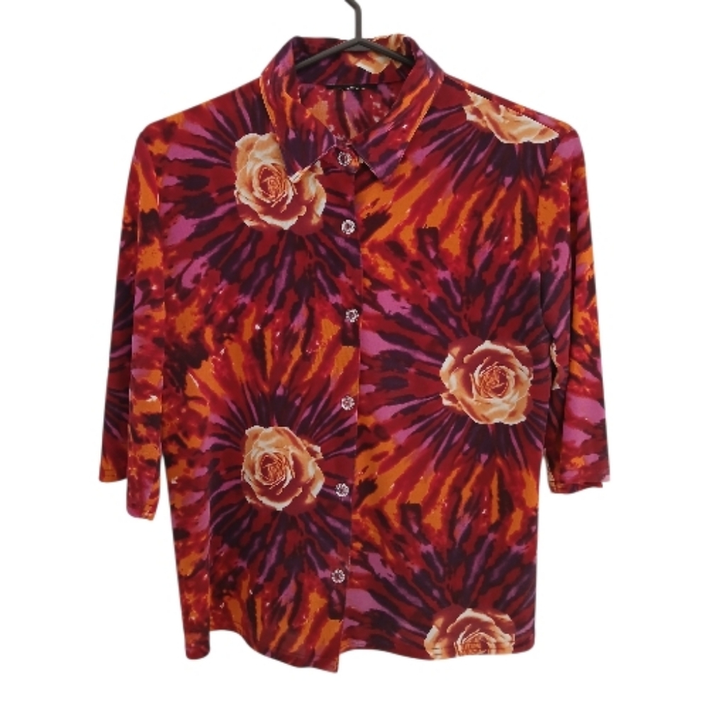Vintage Y2K Vibrant Floral Roses Tie Dye Button-Down Blouse Top